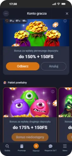 Konto gracza w VOX Casino aplikacji – pakiet powitalny 150% + 150 FS