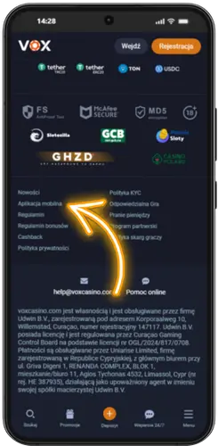 Strona aplikacji VOX Casino z kodami QR do pobrania