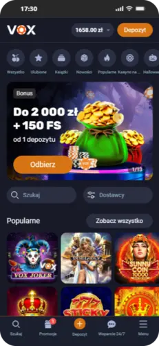 VOX Casino app bonus screen – odbierz do 2000 zł i 150 FS za pierwszy depozyt