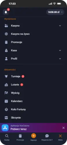 Menu główne VOX Casino aplikacja – kasyno, promocje, profil, turnieje