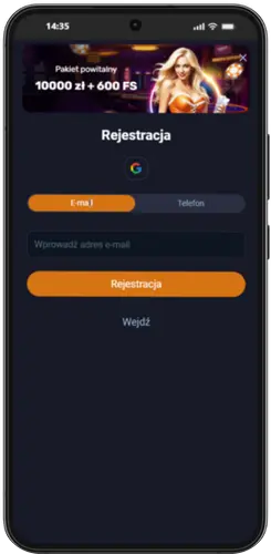 Formularz rejestracji w aplikacji VOX Casino z polem e-mail